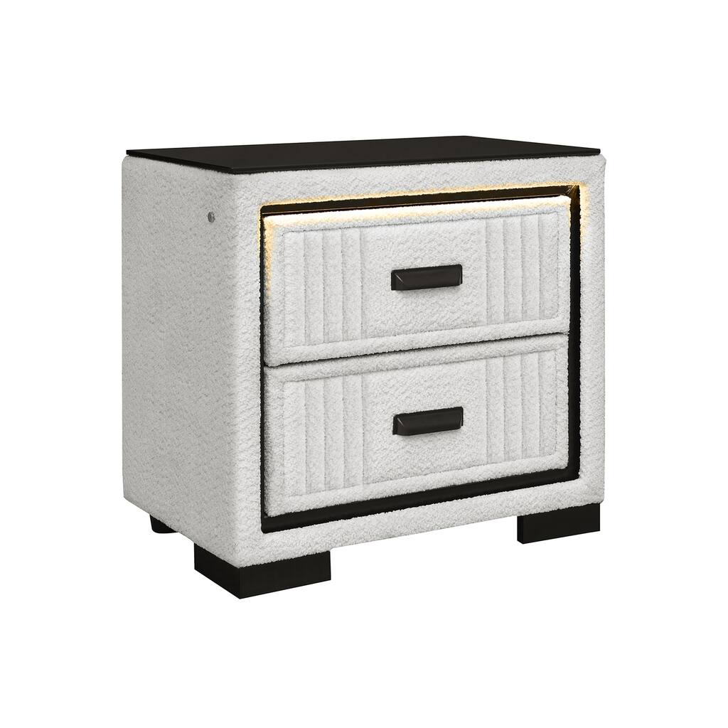 White and Black Upholstered Nightstand with LED Light