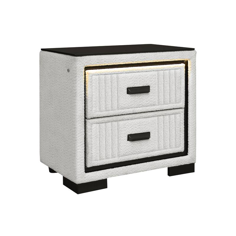 White and Black Upholstered Nightstand with LED Light - White+Black