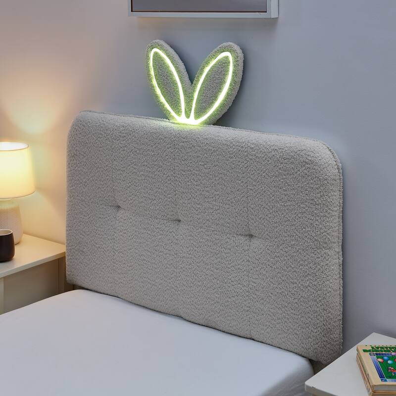 Kids Boucle Upholstered Bed with Rabbit Ear Headboard, LED Music Sync & 4 Drawers