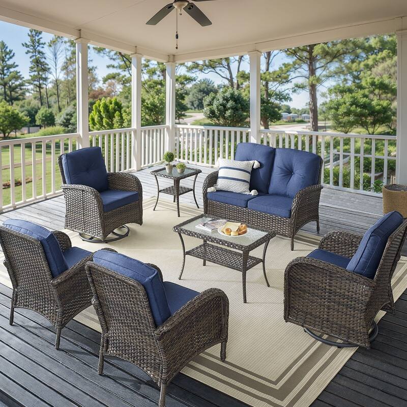 Outdoor Loveseat Sofa Patio Chairs with Swivel Chairs - Brown - Blue