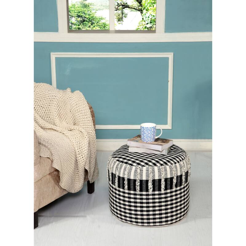 Multi-Purpose Checkered Pouf Ottoman 18” Cotton Upholstered Cylinder Versatile Seating or Footrest