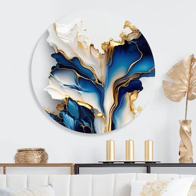 Designart 'Abstract Geode Gold And Blue Marble Shape III' Modern Metal Round Wall Art