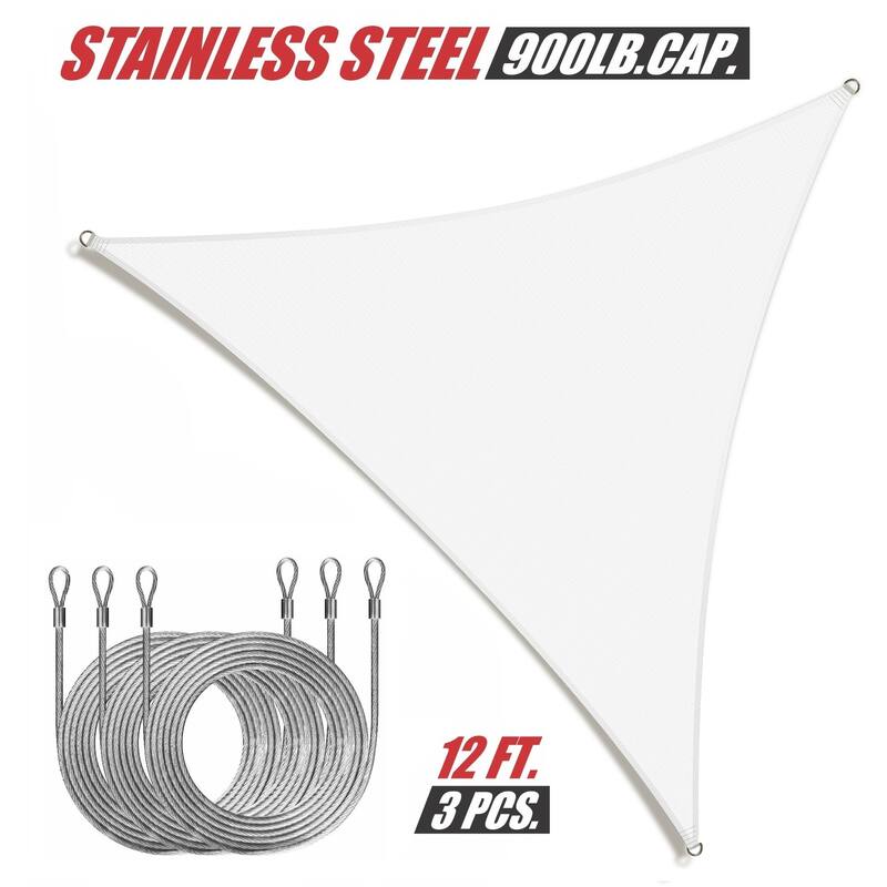 ColourTreeUSA Triangle Sun Shade Sail w/Cable Ropes HDPE Mesh Fabric Screen Canopy UV Block 190 GSM - 8' x 8' x 8' - White