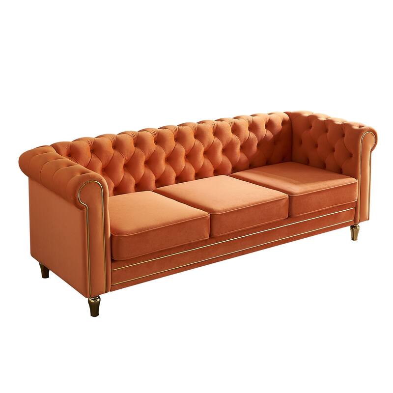 Modern Chesterfield Couch with Button Tufting, High-Density Foam & Gold Accents - 85'' Wide