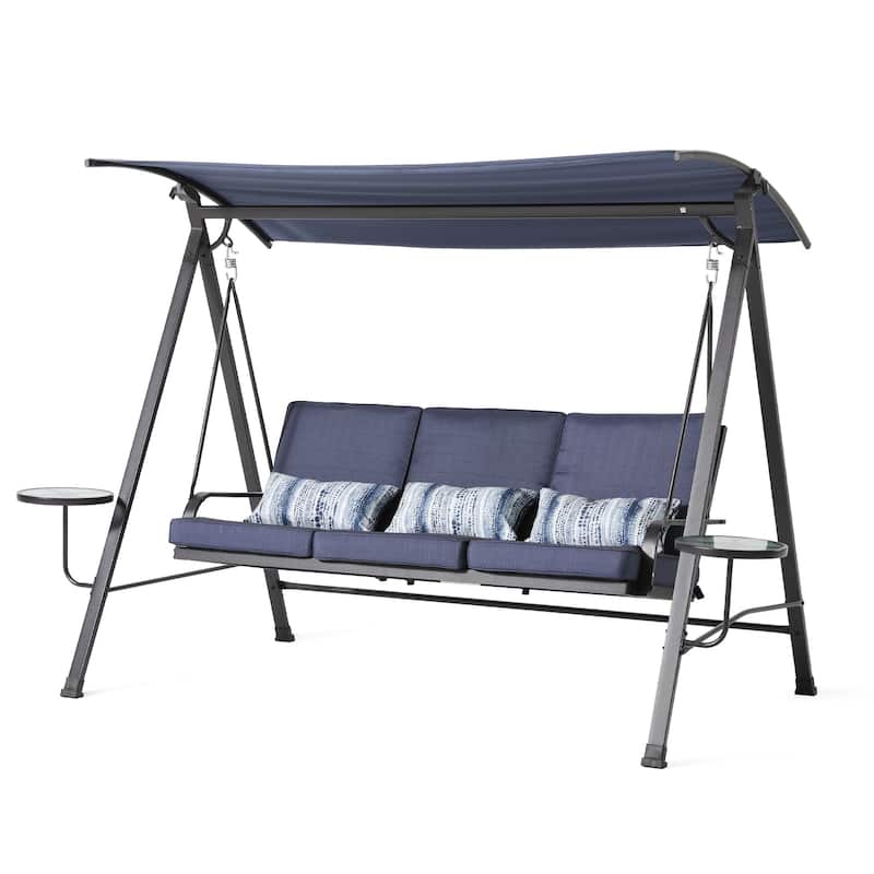 Steel 3-Seater Porch Swing with Canopy - Outdoor Patio Swing with Cushions and Rotatable Shade