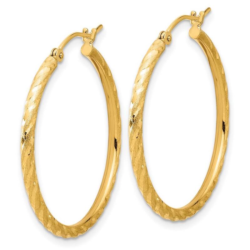 Curata 14k Yellow Gold Polished and Satin and Sparkle Cut Hoop Earrings - 30.3x30mm