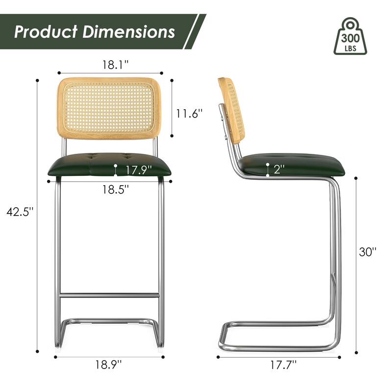 Counter Height Bar Stools Set of 2, Upholstered PU Leather Barstools with Rattan Back, 30 inch Stools Armless Bar Chairs