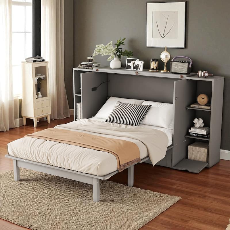 Full/Queen Size Murphy Wall Bed with Storage Shelves, Drawers and USB Charging Ports, Foldable Design - Grey - Full