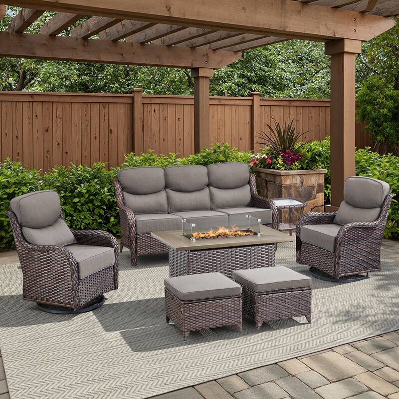 Meyreso 7-Piece Wicker Outdoor Patio Fire Pit Conversation Set with 6-Inch Thick Cushions