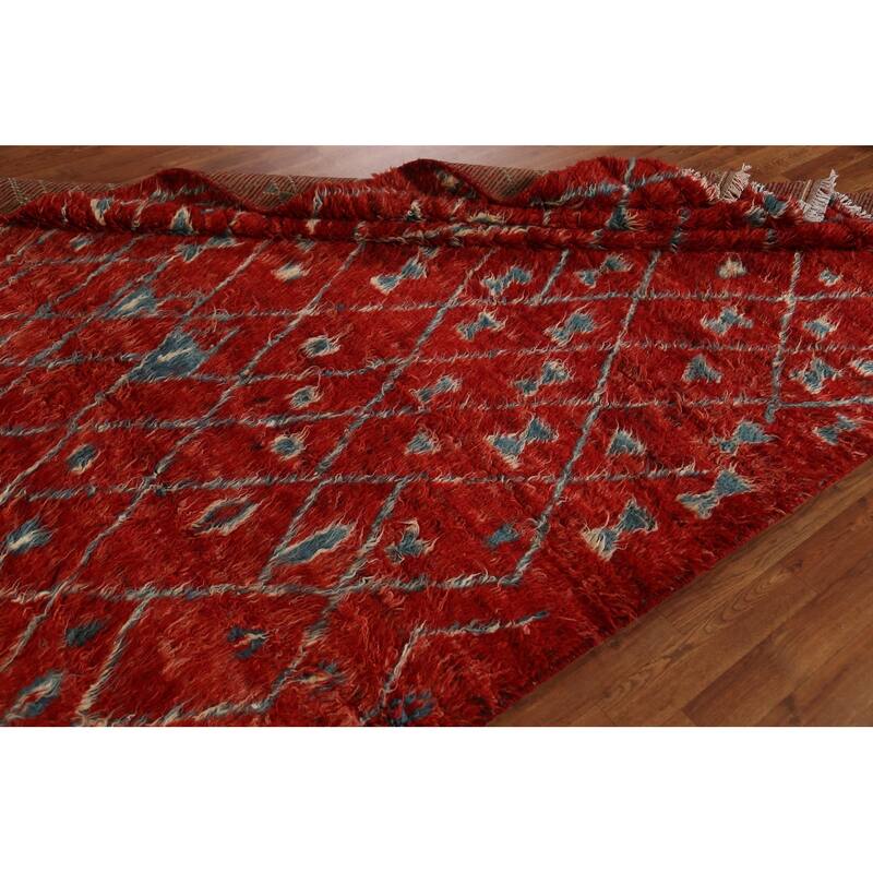 Hand Knotted Oriental 100% Wool Carpet Modern Tribal Red Moroccan Area Rug - 9' 9'' X 6' 5''