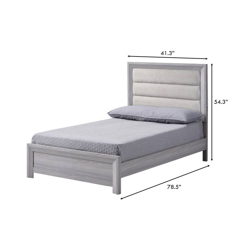 Twin Size Panel Bed with Upholstered Headboard in Driftwood Finish