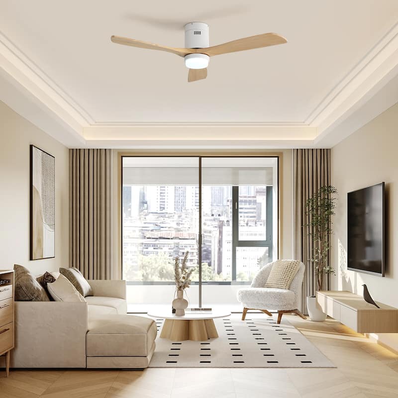Sofucor 52" Low Profile Flush Mount Noiseless Ceiling Fan with Light and Remote,3 Solid Wood Blades,6 Speed Levels