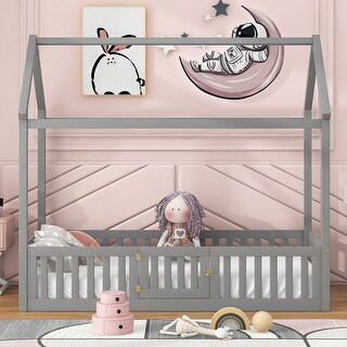 Twin Size House-shaped Bed with Fence and Door, Wooden Bed Frame with Shelf, Platform Bed with Full-length Guardrails, Grey