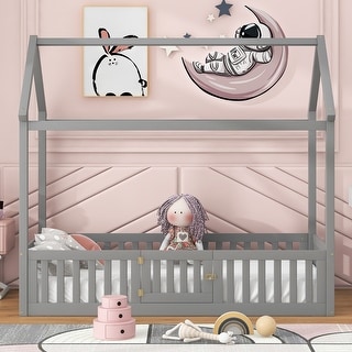 Twin Size Wood House Bed with Fence and Door, Playful Roof and Guardrails, Grey