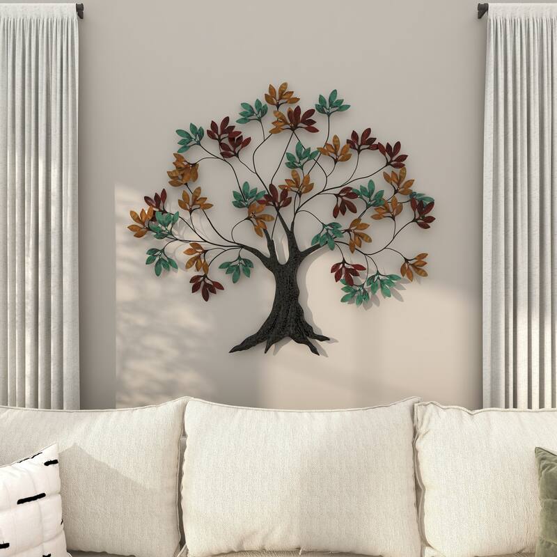 Multi Colored Metal Tree Home Wall Decor with Leaf Detail