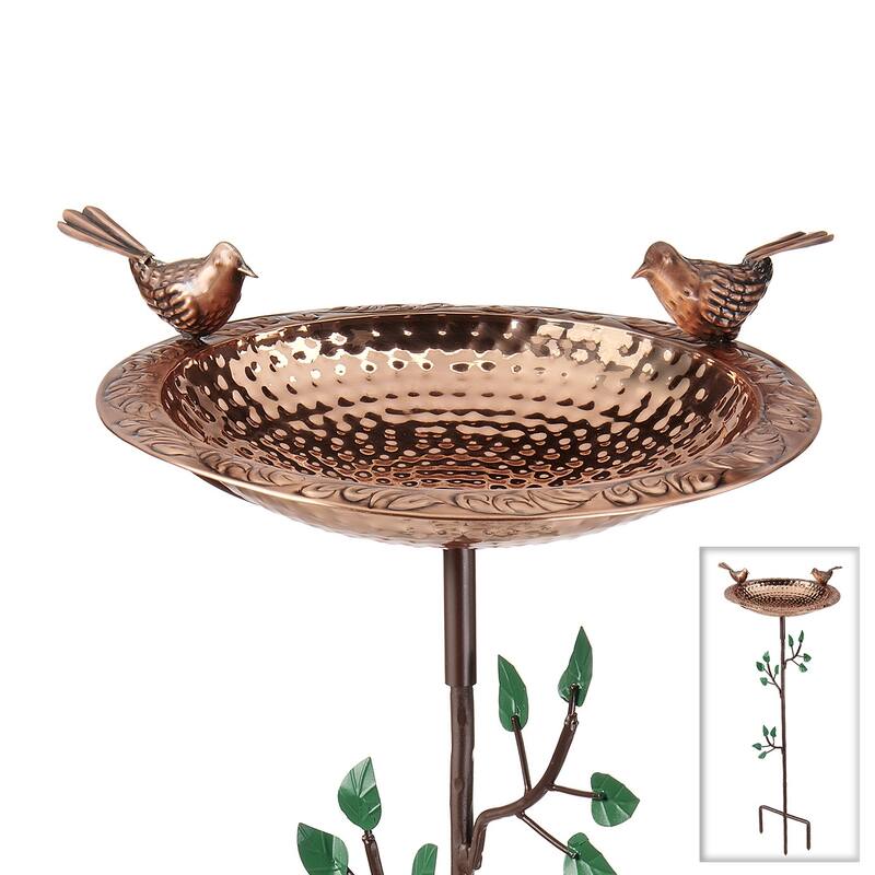 Pure Copper Bird Bath, Featuring Two Copper Birds, and a Tree Themed Multipronged Garden Pole By Good Directions