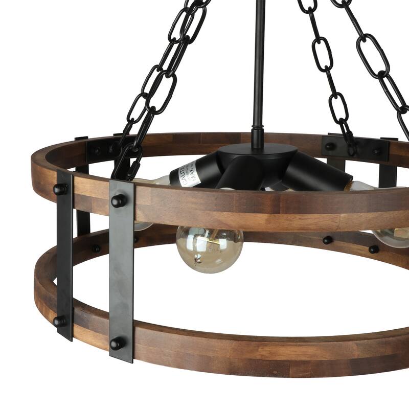 Farmhouse 4-Light Wood Drum Chandeliers Rustic Cage Pendant Light for Kitchen Island - 19" D x 18" H