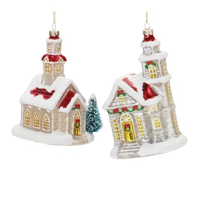 Glittered Glass Church Ornament (Set of 6)