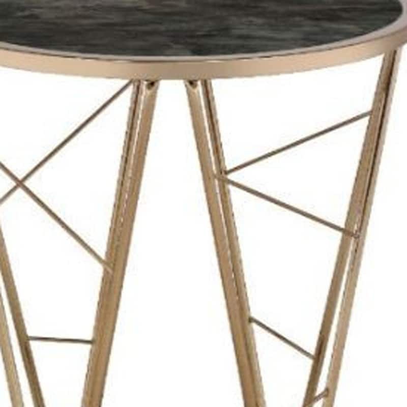 24" Black Faux Marble Glass Side Table with Abstract Champagne Metal Base for Living Room or Bedroom - 22"Dia x 24"H