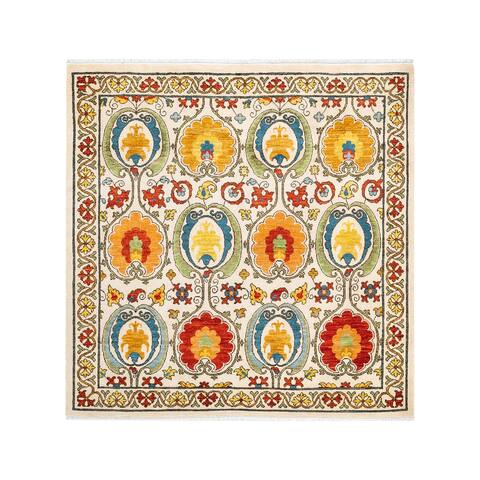 Overton Suzani Square One-of-a-Kind Hand-Knotted Area Rug - Ivory, 4' 10" x 5' 0" - 4' 10" x 5' 0"