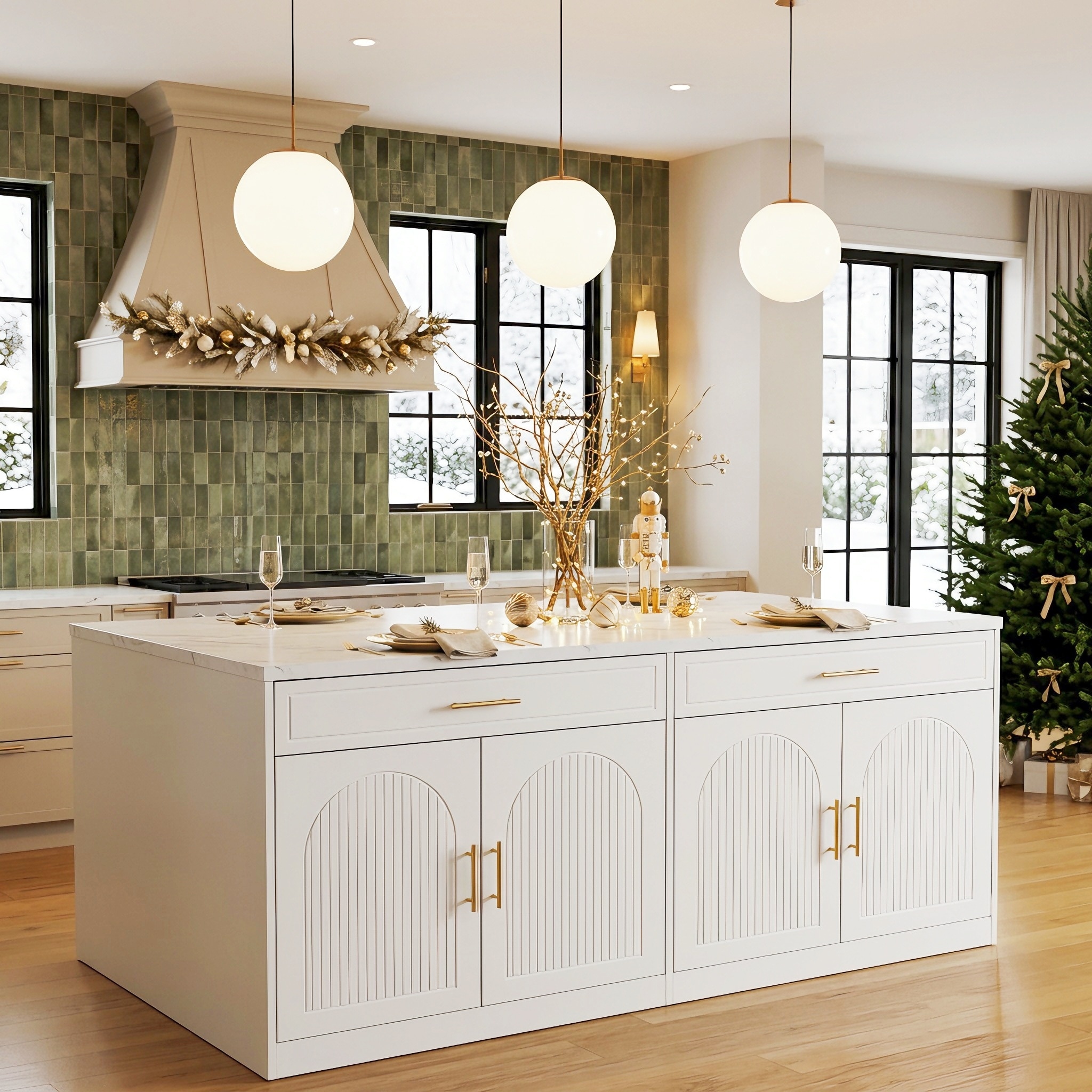 71" Kitchen Island with Storage, White Faux Marble Top Large Modern Stationary Island Bar with Cabinets, 2 Drawers, Arched