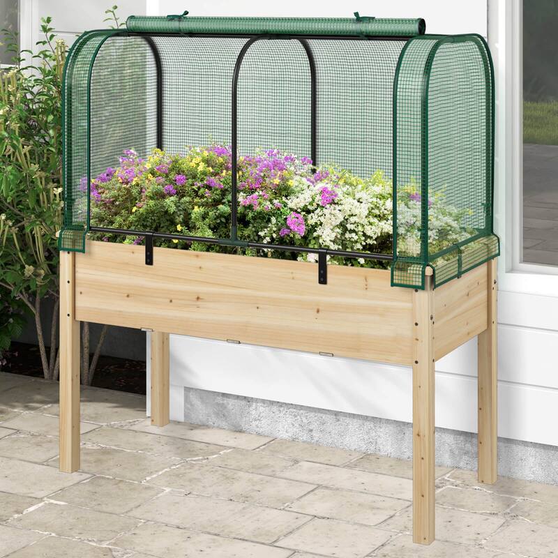 Costway Wood Raised Garden Bed with Greenhouse Cover Mini Portable - See Details
