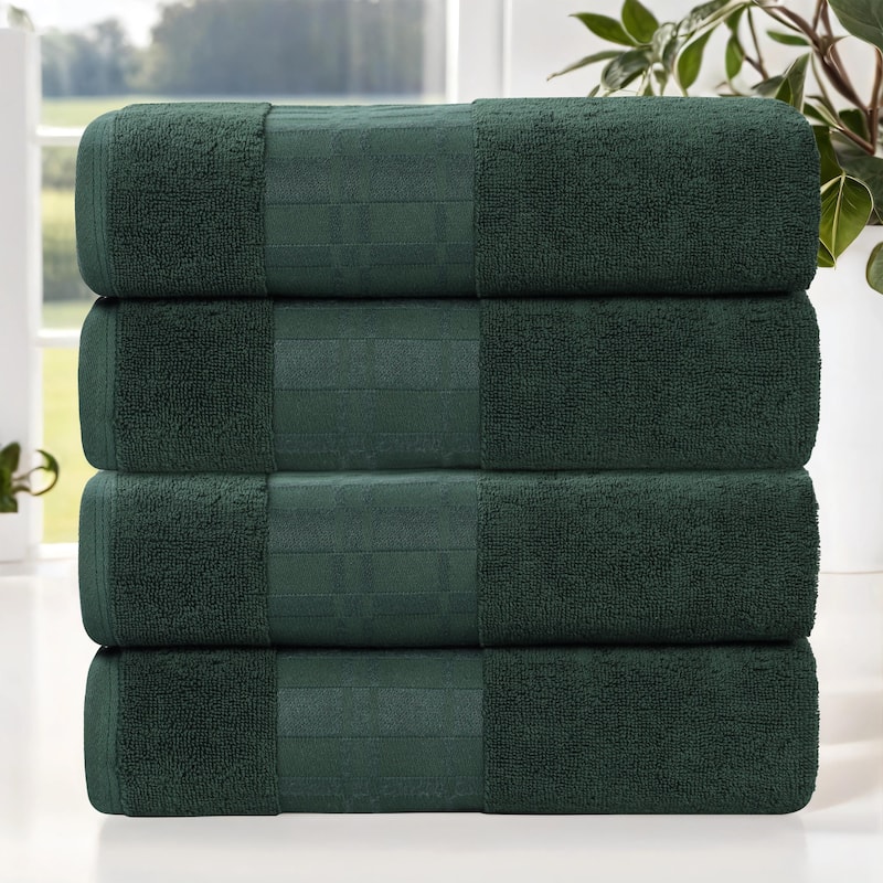 Superior Larissa Cotton Embroidered Geometric Border Bath Towel Set of 4 - Forest Green
