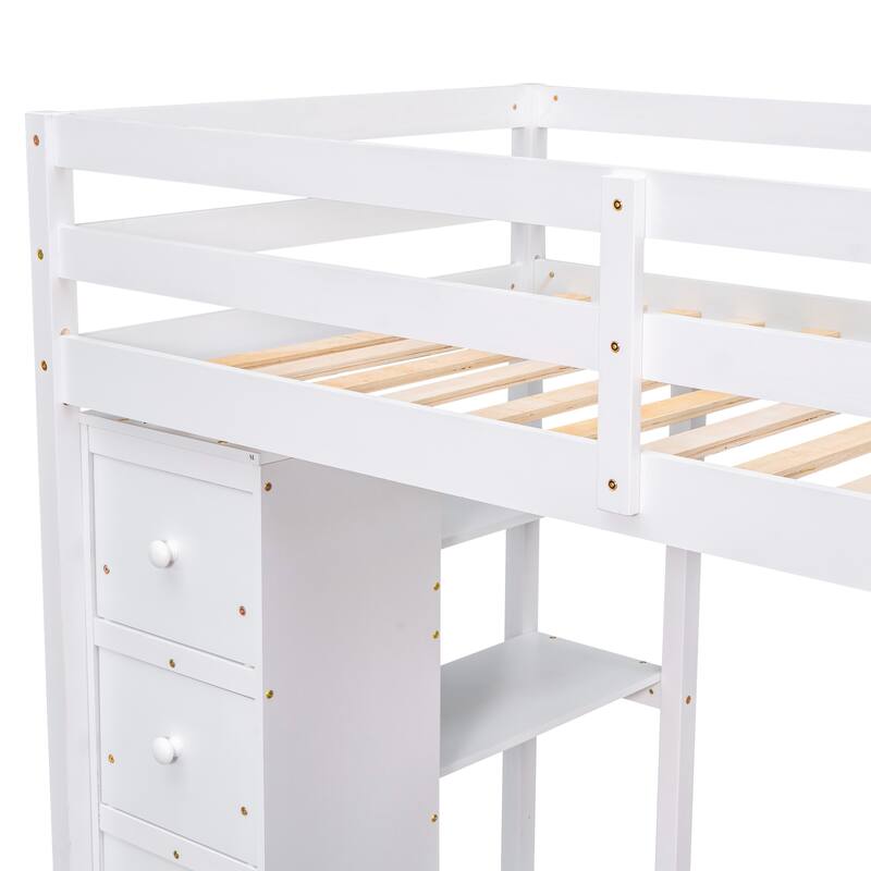 Wooden Twin Size Loft Bed with Desk,Storage Stairs,Drawers and Shelves