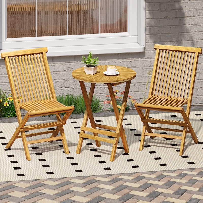 Gymax Patio Folding Side Table 23.5'' Teak Wood Round End Table Fully
