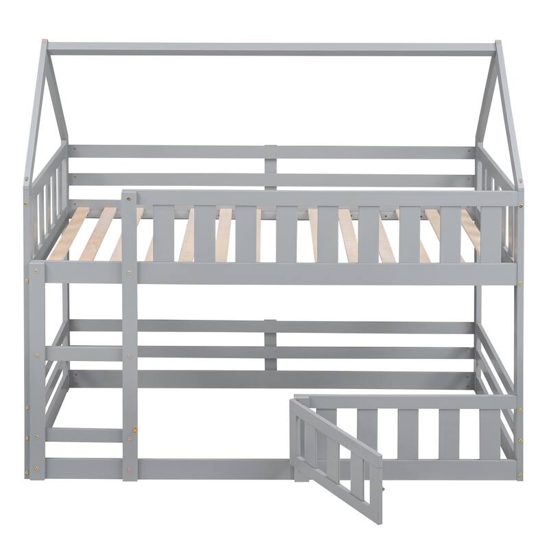 Twin Over Twin House Bunk Bed With Fence And Door