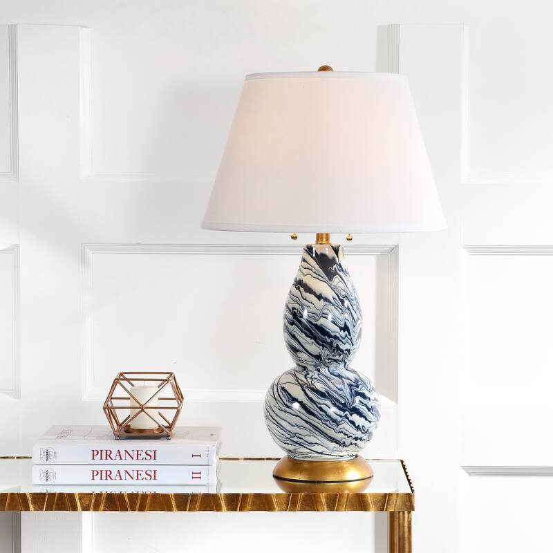 SAFAVIEH Lighting 29-inch Navy and White Color Swirls Glass Table Lamp (Set of 2) - 17"x17"x28"