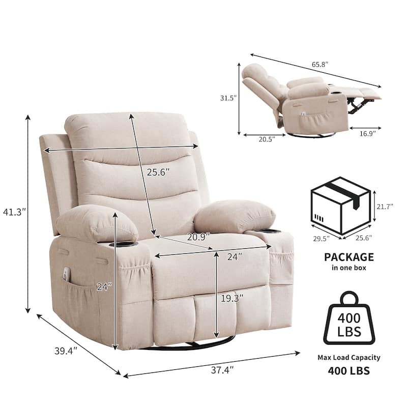 Swivel Rocker Recliner Chair with Massage and Heat, Oversized Reclining Sofa