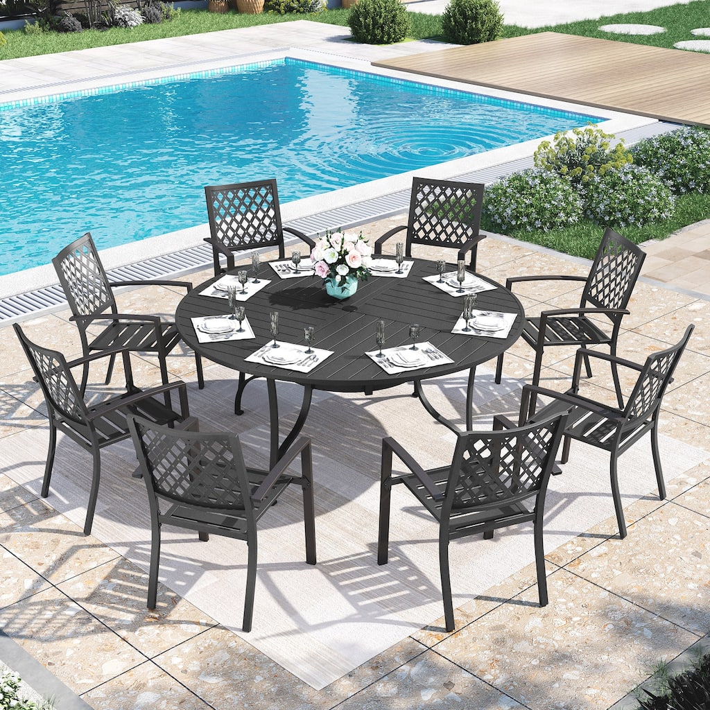 MAISON ARTS Patio Dining Set for 8, Outdoor Dining Set with 67'' Round Metal Table & 8 Stackable Chairs
