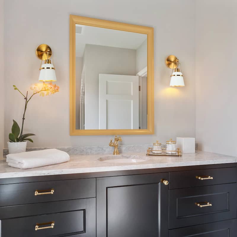 Mid-century Modern Glam White 1-Light Brass Gold Bathroom Vanity Lights with Cone Metal Shade - L 4.7"* D 5.7"* H 11"