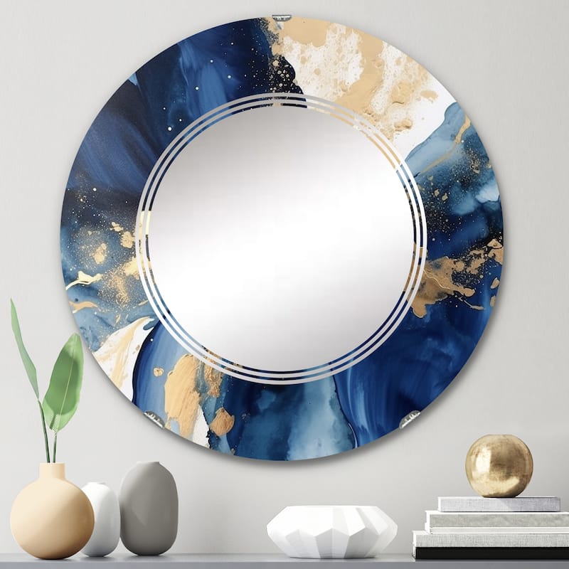 Designart "Dark Blue and Gold Strokes VIII" Fractals Modern Wall Mirror - 24in.x24in.