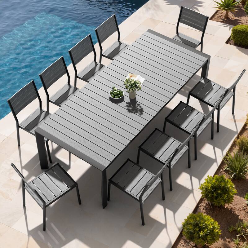 Set of 11 Outdoor Patio Dining Set WoodLike Table Top Aluminum Rectangular Umbrella Hole Table with Stackable Chairs