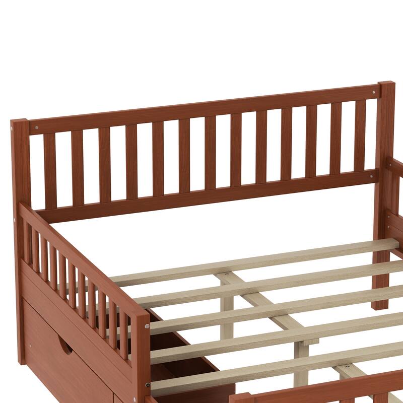 Full Size Wood Platform Bed with Guardrails on Both Sides