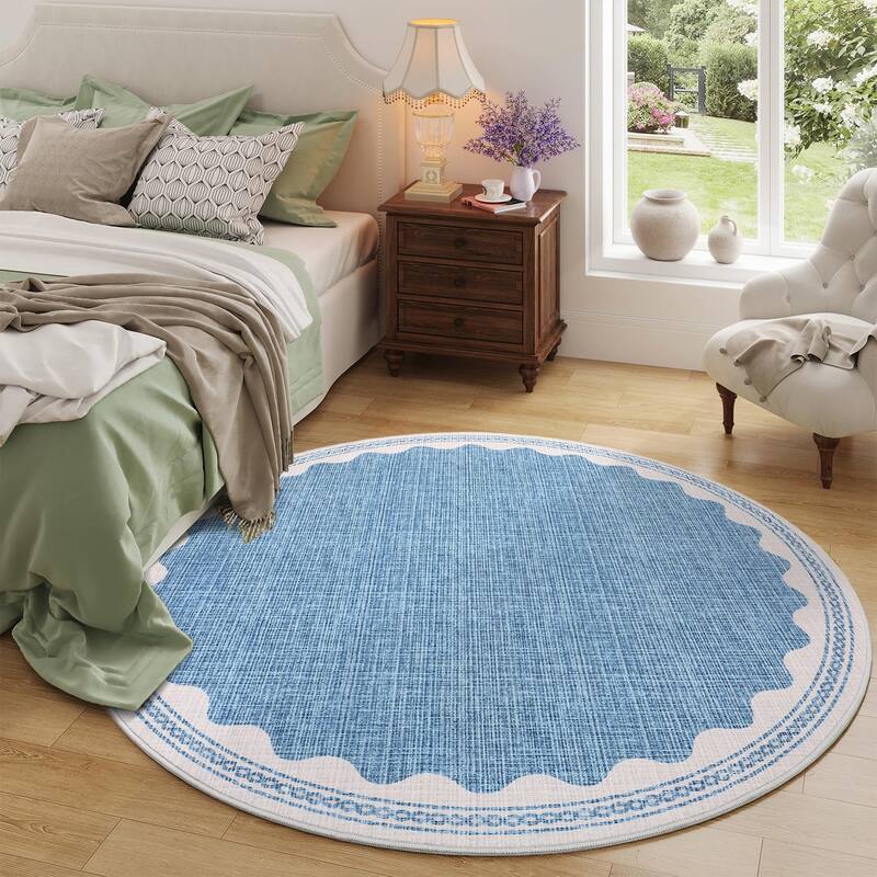 Scalloped Pattern Rugs for Living Room Bedroom Soft Non Slip Low Pile Throw Carpet Washable Foldable Area Rug