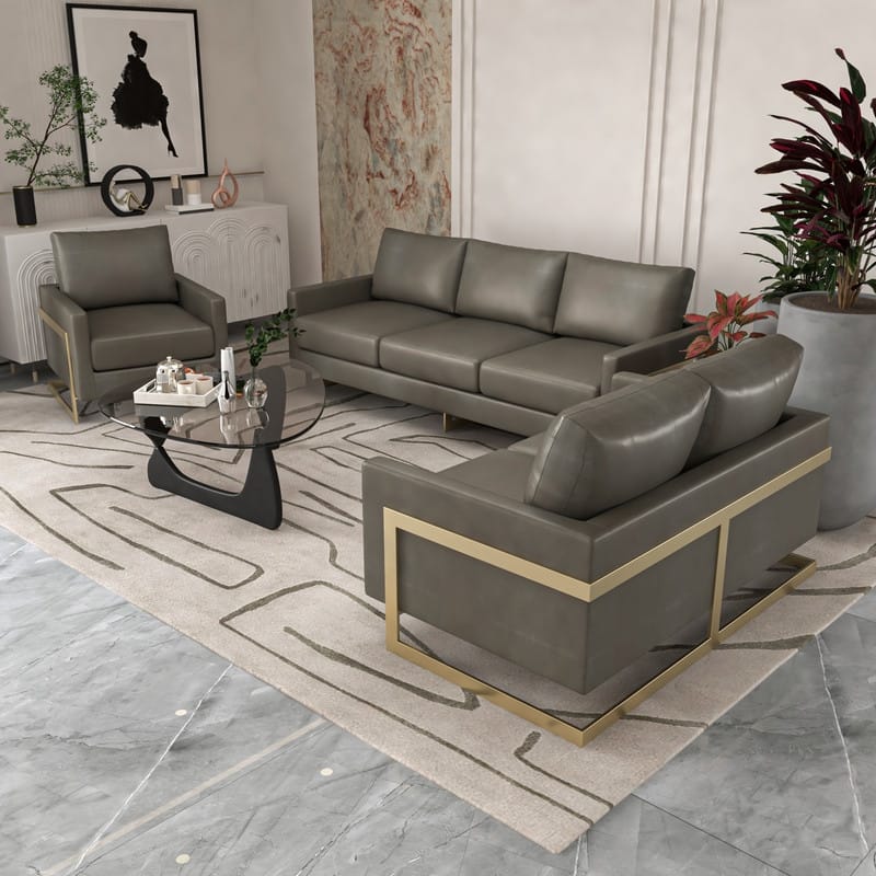Lincoln Modern Boxy Design Leather Accent Armchair With Gold Frame Modern Single Seater Sofa for Living Room and Bedroom - 34"
