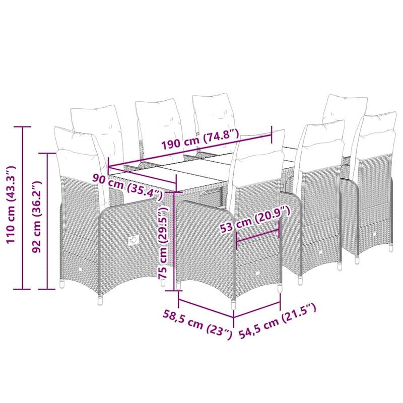 vidaXL Bistro Set Grey PE rattan 6-seater Removable Covers - 23.0 x 21.5 x 36.2 in