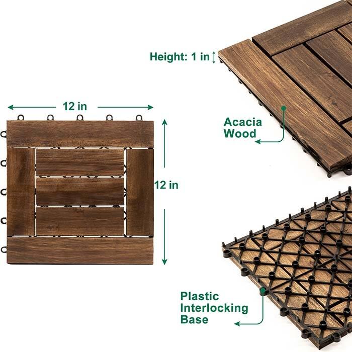 Anmytek Acacia Wood Interlocking Deck Tiles 12x12 Outdoor Flooring Patio Balcony Dark Brown Weather Resistant