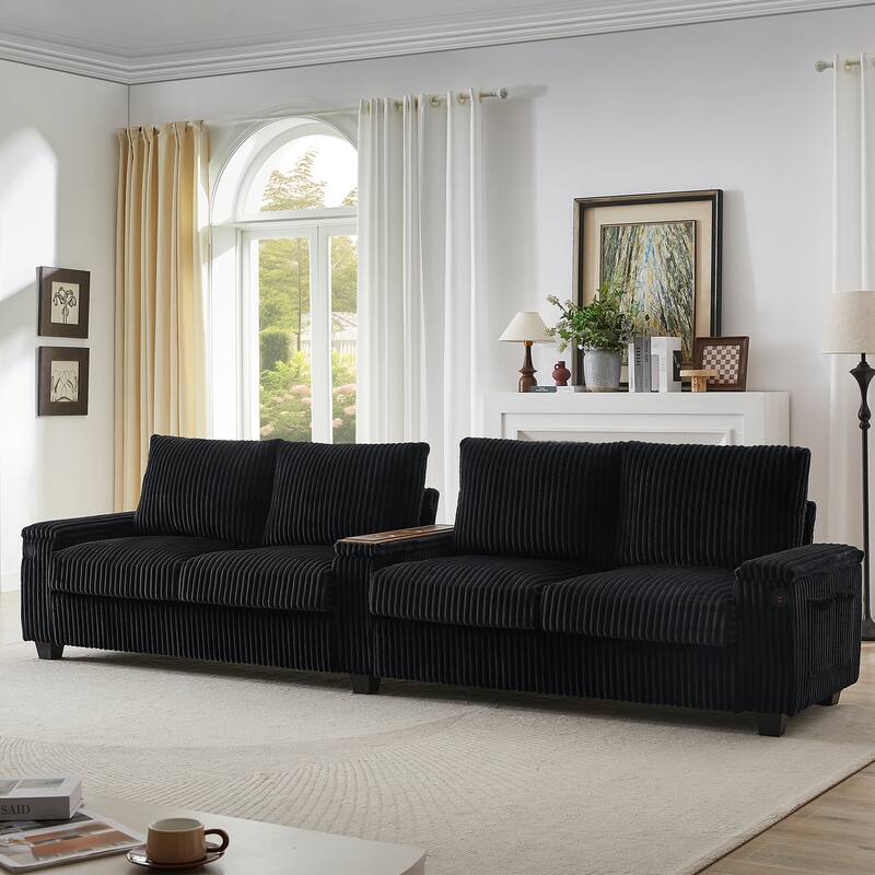 133-In Corduroy Sectional Sofa with USB Ports, Hidden Storage Arms, Flip-Top Cup Holders
