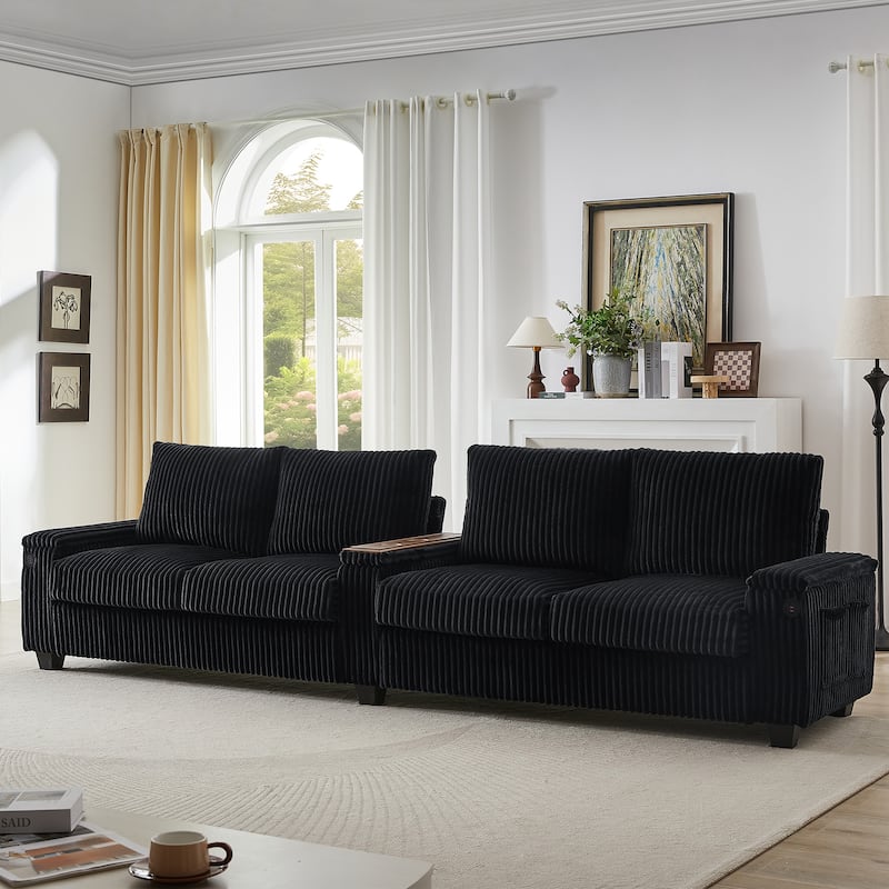 4-seater Corduroy Sofa with Storage, Cup Holders, USB Ports, 133" Length, Black