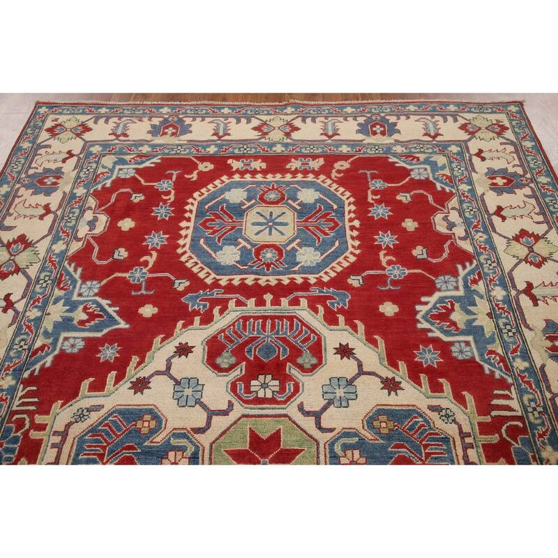 Hand Knotted Oriental 100% Wool Carpet Traditional Geometric Red Kazak Area Rug - 9' 7'' X 6' 7''