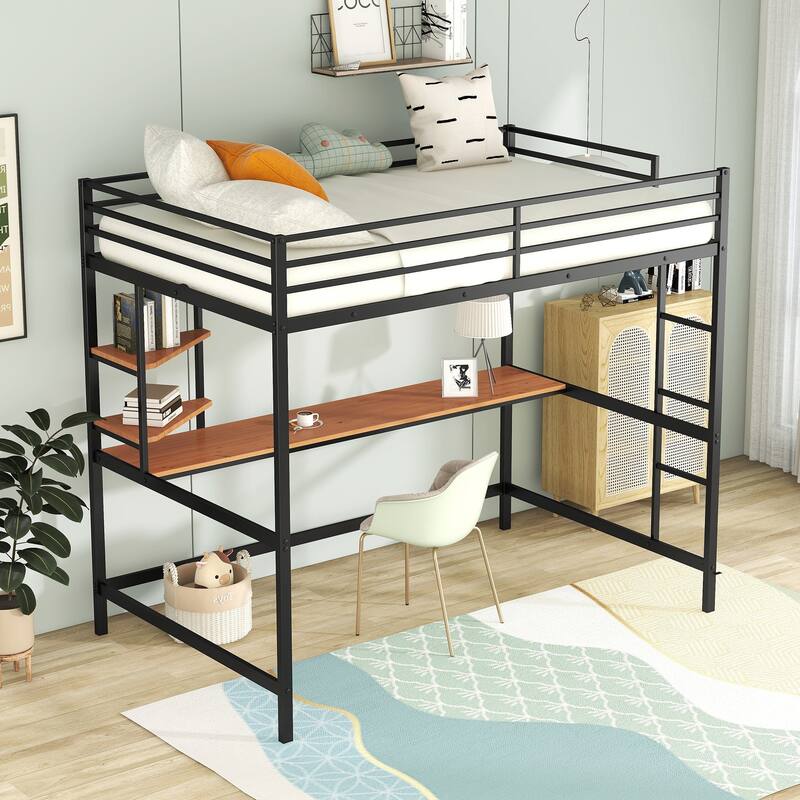 Full-Size Metal High Loft Bed with Built-in Desk and Shelf, Full Bed Frame for Dorm, Boys & Girls, Teens, No Box Spring Needed
