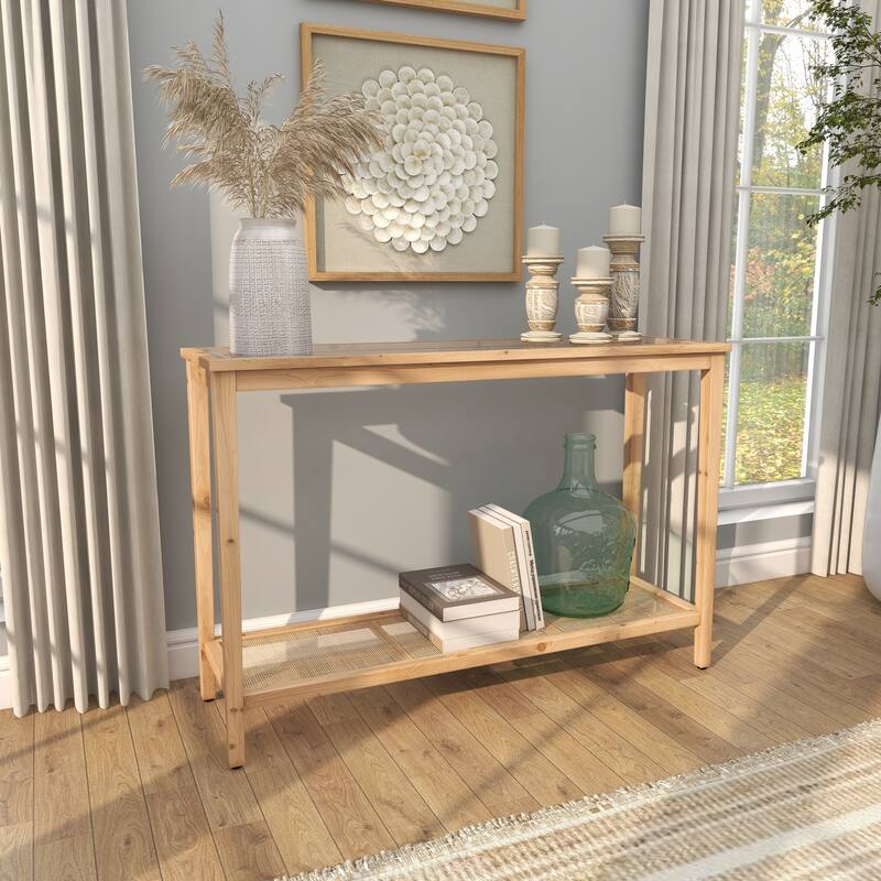 Brown Wood Slim Natural 1 Shelf Console Table with Glass Top and Rattan Shelf