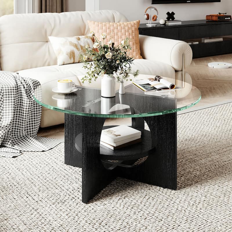 Moasis Round 2-Tier Glass Top Coffee Table