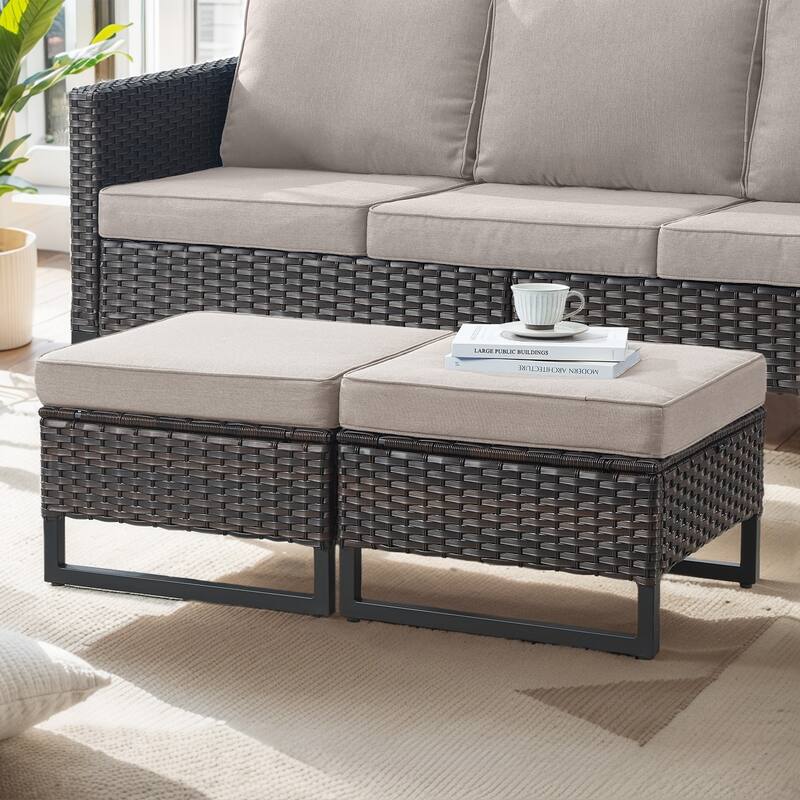 Gymojoy Outdoor Wicker Ottomans with Olefin Cushions - 2-Piece - Brown Wicker / Beige Cusion
