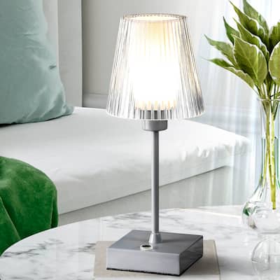 Lina 12.5" Modern Industrial Rechargeable/Cordless Iron/Acrylic Integrated LED Table Lamp with Ribbed Shade, by JONATHAN Y
