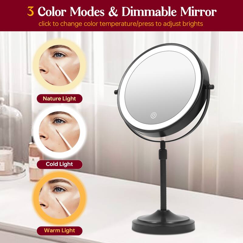 9" Rechargeable Lighted Makeup Mirror, Vanity Mirror with 1X/10x Magnification, Height Adjustable 3-Lighting Modes Dimmable